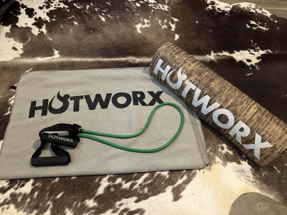Bundle HOTWORX Mat for Yoga Pilates, Gray Towel & resistance band.